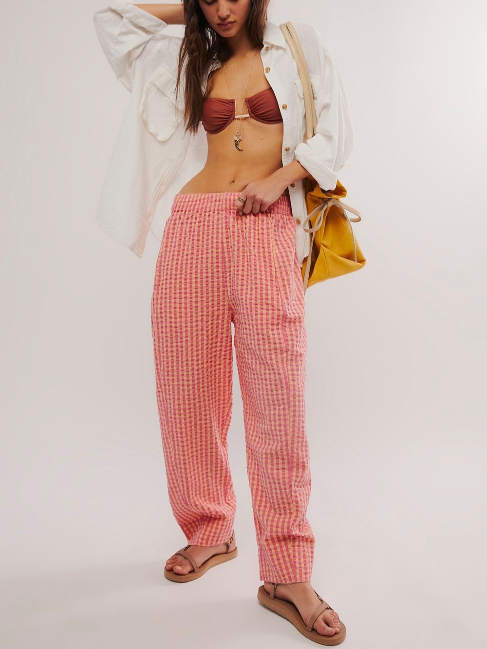 Free People Preppy Gingham Wide-Leg Pants Pink Combo
